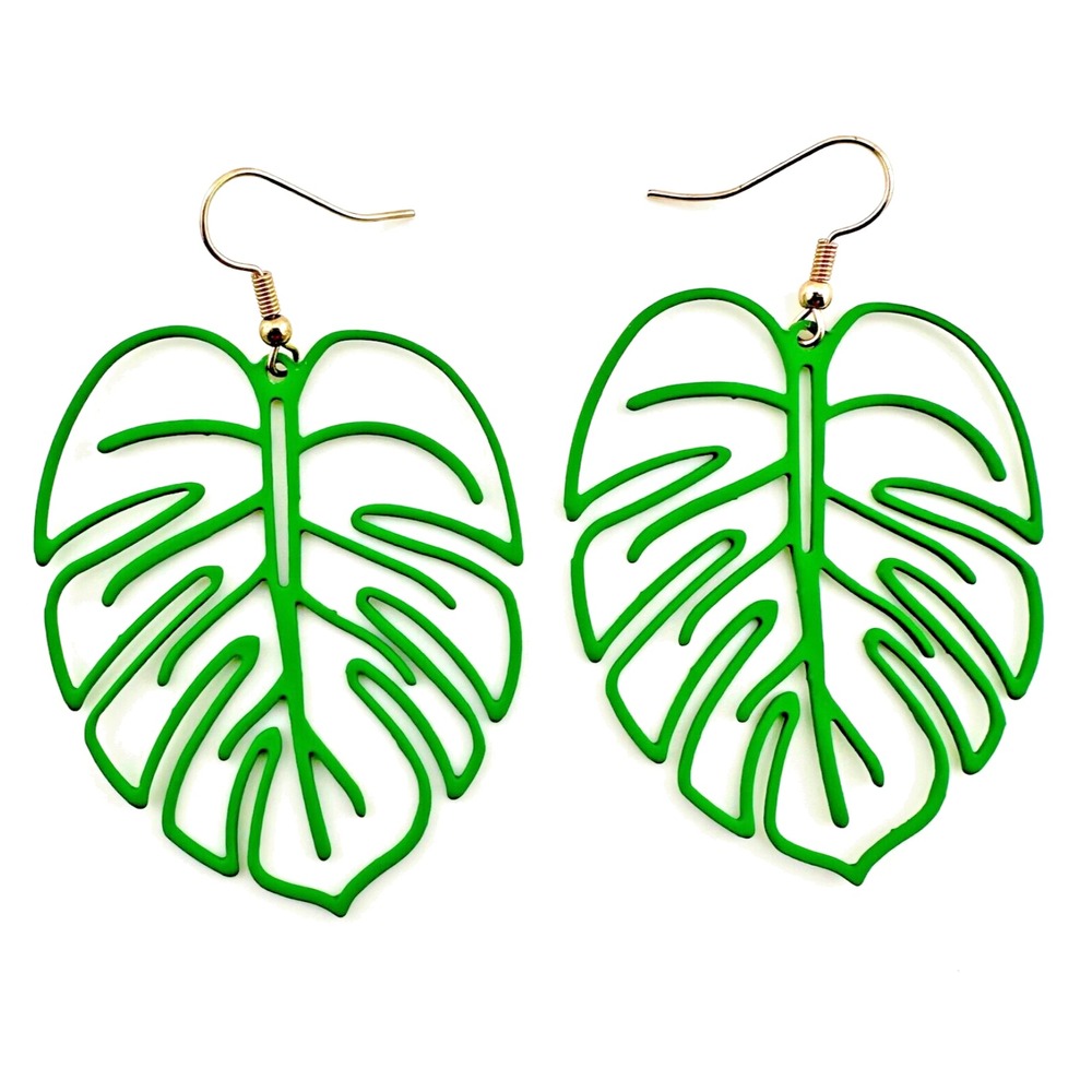 Green Monstera Palm Earrings Tropical Leaf
